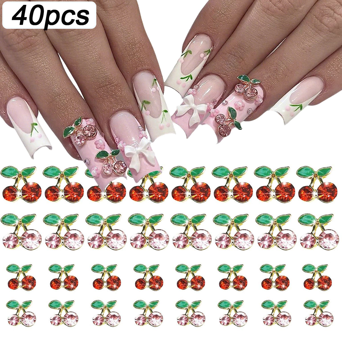 Nail Art Red Cherry - 40 قطعة من أحجار الزينة ثلاثية