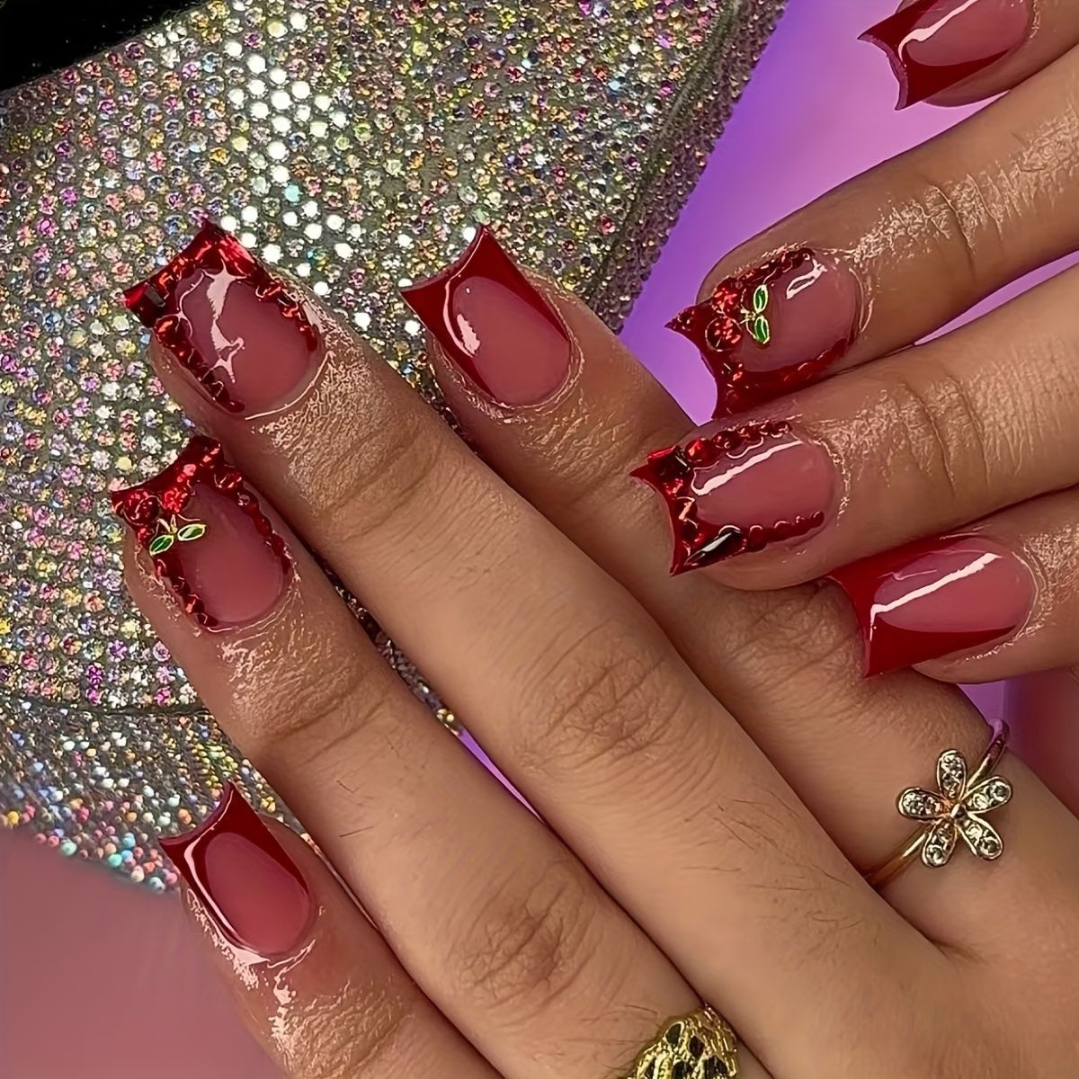 Nail Art Red Cherry - 24 قطعة الأظافر وهمية الانتهاء الفرنسية